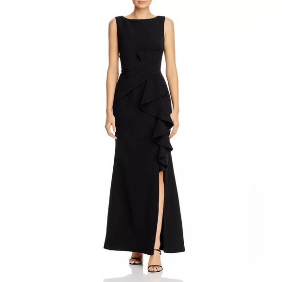 Eliza J Sleeveless Cascading Ruffle front black gown